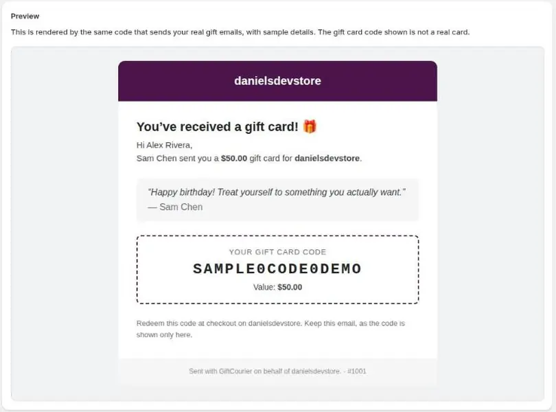 The Email design preview: a gift email with the store name in a plum header, the sender's message, and a sample gift card code worth $50.00
