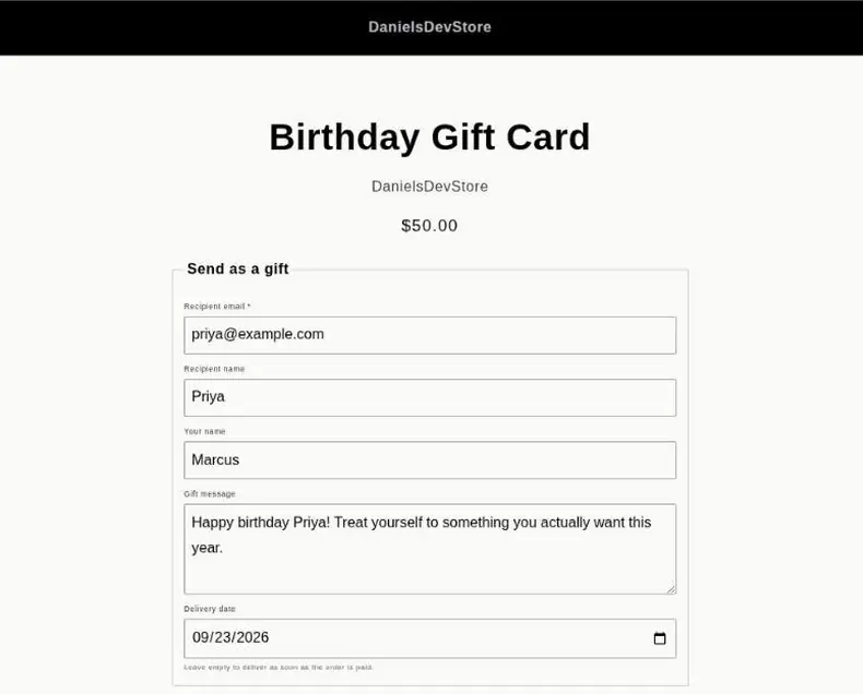 A Birthday Gift Card product page with a Send as a gift form: recipient email, recipient name, your name, a gift message and a delivery date of 09/23/2026, above the Add to cart button